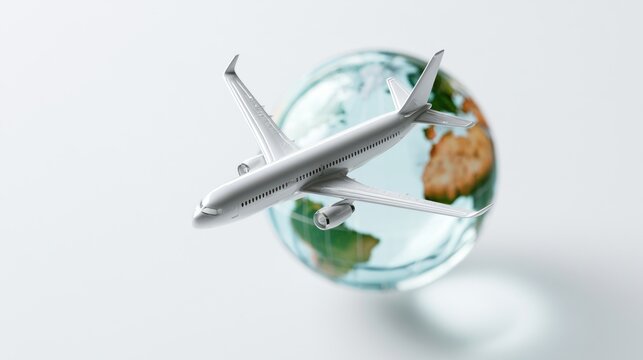 A realistic miniature airplane is flying around a small globe, symbolizing international travel and global connectivity