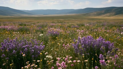 Obraz premium A vast meadow filled with purple wildflowers and yellow blooms under a partly cloudy sky with rolling hills in the distance