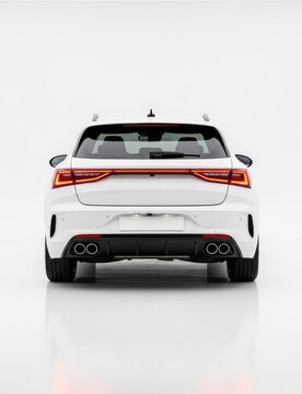 Rear view of a modern white luxury hatchback car with illuminated LED taillights in a white studio setting.