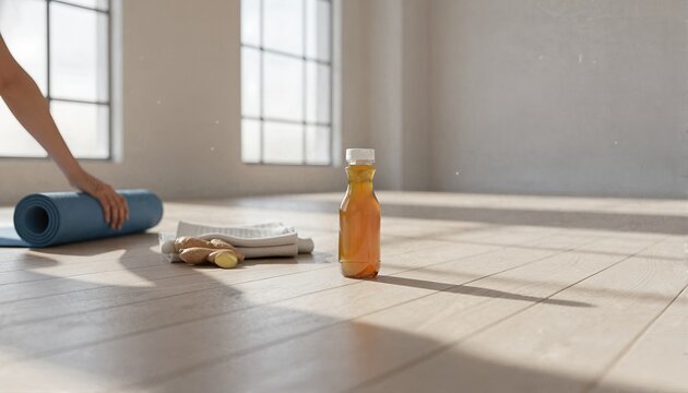 Refreshing energy drink on a minimalist yoga studio floor