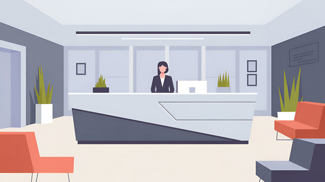Professional receptionist standing behind modern sleek white desk in bright corporate office waiting area with orange chairs and green plants in minimalist flat vector illustration