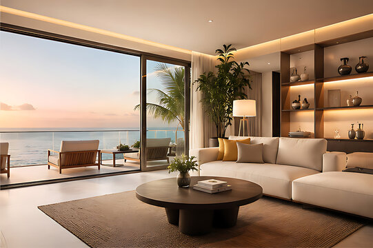Modern Luxury Living Room Interior with Fireplace Contemporary Sofa Elegant Furniture Large Windows and Comfortable Home Design