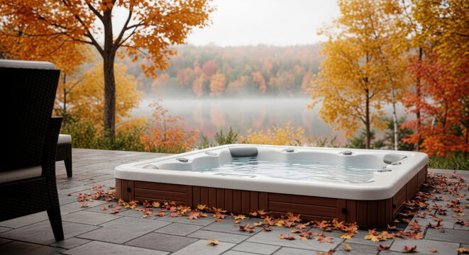 Outdoor hot tub with autumn foliage and misty lake view for relaxation and wellness