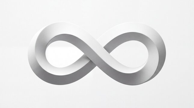 Minimalist infinity symbol with 3D matte texture, white mobius loop on light background, elegant mathematical sign for eternity and continuity