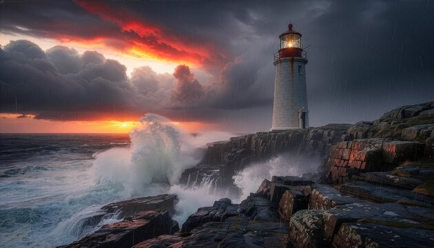 Lonely lighthouse standing on rugged cliff during stormy sunset.