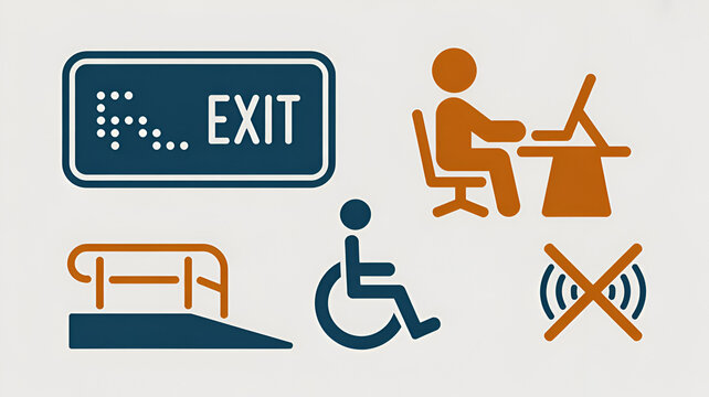Graphic icons illustrating accessibility signage including exit signs braille wheelchair access workspace desk computer usage and silent zones isolated on a soft off white background