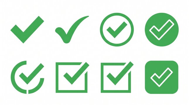 A modern vector icon collection featuring seven green check mark symbols in multiple styles, including standalone checkmarks, curved checkmarks, circular outline badges, solid circular approval icons,