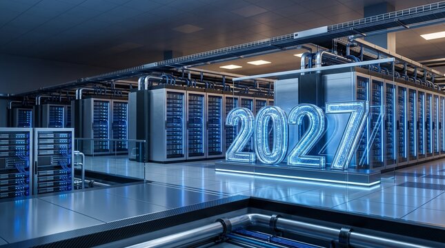 Cloud Data Center New Year 2027 Enterprise Infrastructure Background with AI Computing Technology, Secure Digital Networks and Future Cloud Innovation Banner