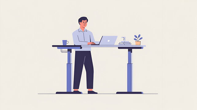 Professional man working comfortably at his modern ergonomic standing desk using a laptop computer in a clean minimalist office environment with soft flat vector colors