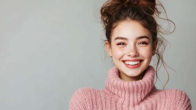 Smiling young woman with rosy cheeks looking towards camera.