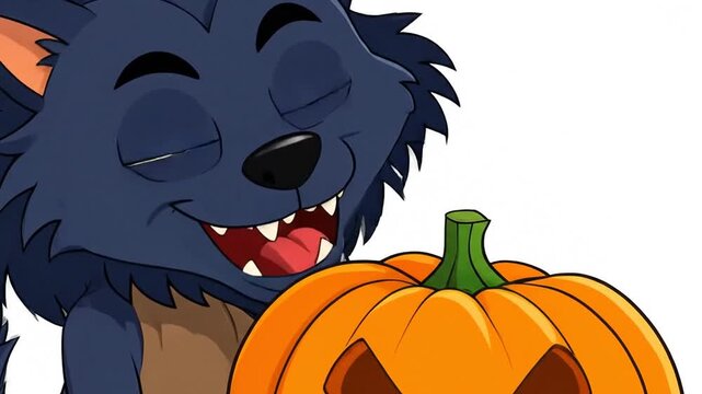 A happy cartoon wolf holds a carved orange pumpkin for autumn