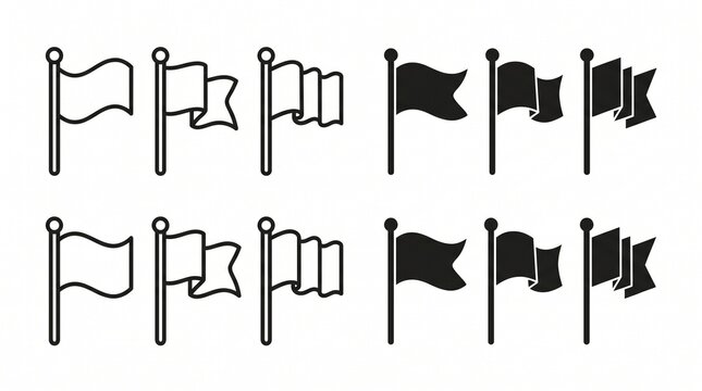 A clean, modern vector icon set featuring six minimalist flag designs mounted on vertical flagpoles with rounded finials. The collection includes three outline-style flags and three solid black silhou