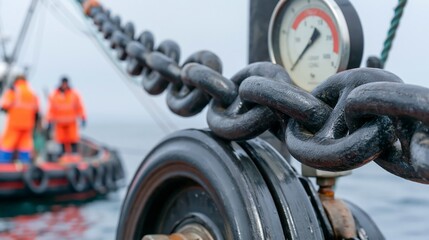 Naklejka premium Fish pen mooring chain tensioner in sharp focus and blurred aquaculture workers behind. Concept of offshore aquaculture infrastructure.