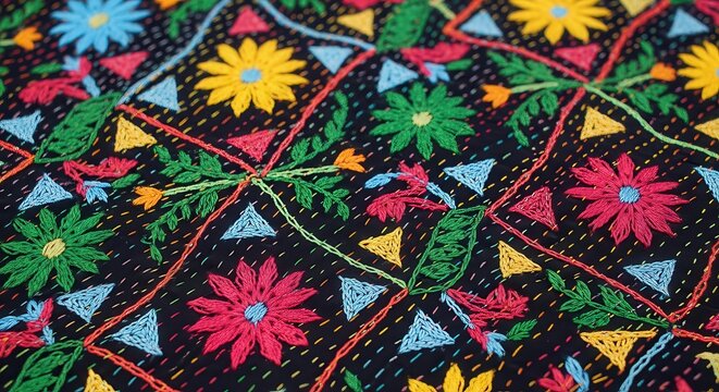 Colorful Hand Embroidered Floral Pattern on Black Fabric, Traditional Indian Kantha Stitch Textile Background