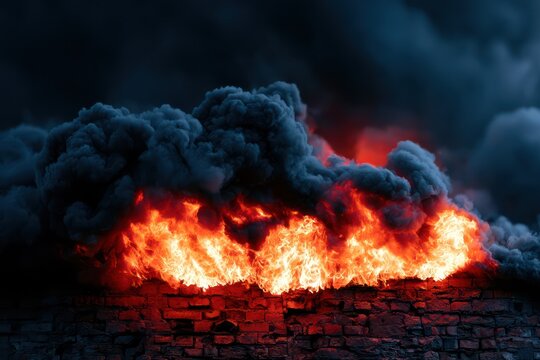 Intense fire flames erupting above brick wall
