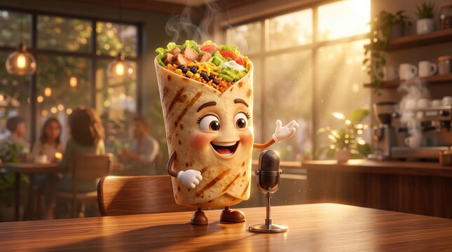 A cheerful cartoon burrito character standing on a wooden table in a cozy cafe, speaking into a vintage microphone