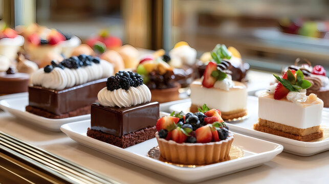 Assorted gourmet desserts with fresh berries and cream on display in a pastry shop. Colorful and elegant selection of cakes and tarts in a bakery showcase.