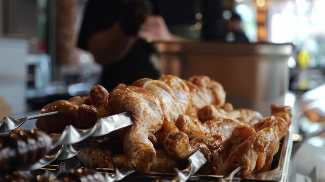 Close-up of the selection of various marinated meats on skewers at the restaurant before cooking: chicken, pork, beef, minced meat and meat snacks on skewers. Dining room or buffet.