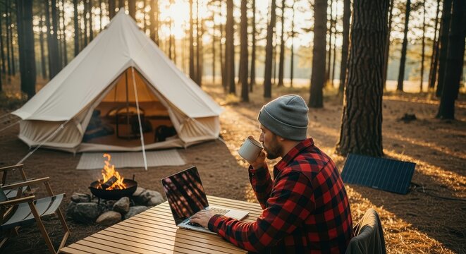 Digital Nomad Working on Laptop Outdoors at a Forest Campsite with Bell Tent and Campfire During Golden Hour