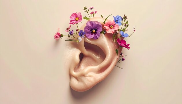 Human ear decorated with colorful spring flowers. Floral concept of natural hearing health.