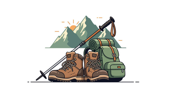 Hiking boots and trekking poles equipment.