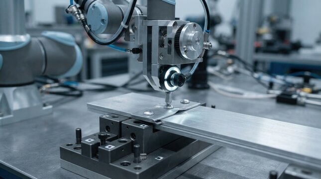 AI-assisted robotic riveting with aluminum lap joint, rivet heads, vision sensor camera, and calibration jig for aerospace assembly and precision fastening.