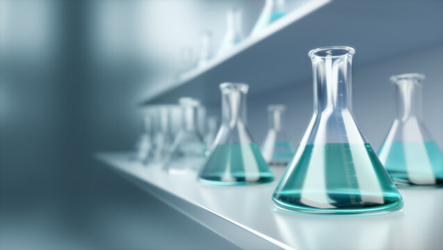 Laboratory glassware in chemistry science laboratory background, 3D rendering