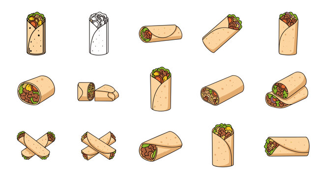 breakfast burrito vector outline set line art illustration collection of delicious mexican food tortilla wraps tacos and quesadillas for fast street restaurant menu graphic design