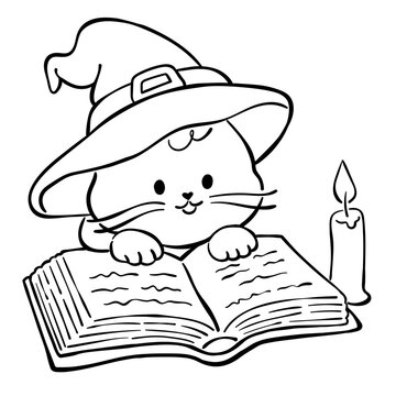 Cute Black Cat Wearing Witch Hat Reading Book Coloring Page Illustration