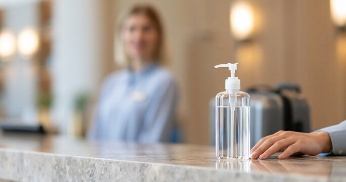 Hand sanitizer bottle on hotel reception desk