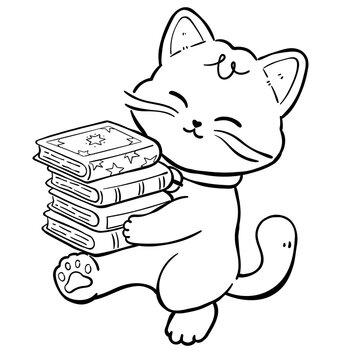 Cute Cat Carrying Stack of Magic Books Coloring Page Illustration