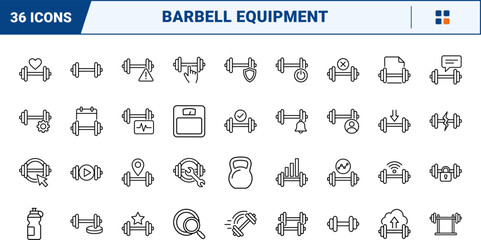 Fototapeta premium Barbell Web Icon Set in Linear Style. Collection of Weight Equipment line icons, including check mark, settings, security, repair, download, broken bar, workout, wireless and more.