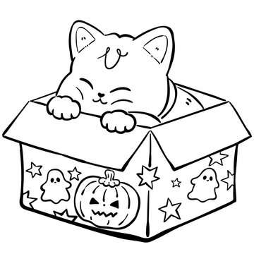 Cute Black Cat in Box Halloween Coloring Page Illustration