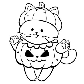 Cute Cat In Pumpkin Costume Coloring Page Illustration