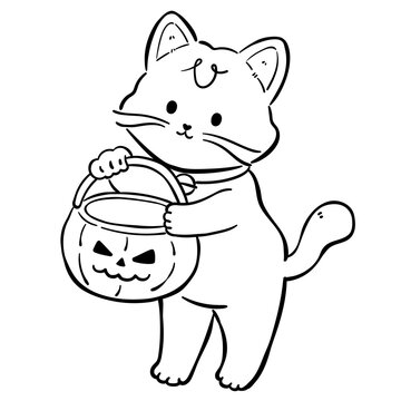 Cute Black Cat with Halloween Candy Bucket Coloring Page Illustration