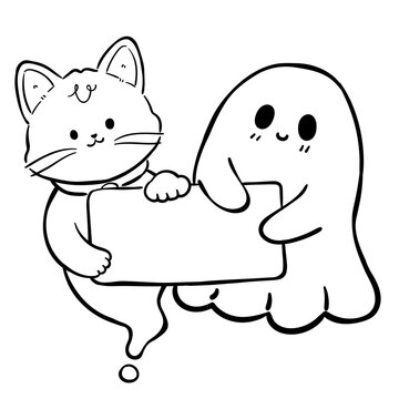 Cute Ghost and Black Cat Holding Wooden Sign Coloring Page Illustration