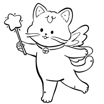 Cute Black Cat Fairy Coloring Page Illustration