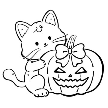 Cute Black Cat With Halloween Pumpkin Jack-O'-Lantern Coloring Page Illustration