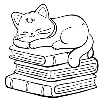 Cute Black Cat Sleeping on Stack of Books Coloring Page Illustration