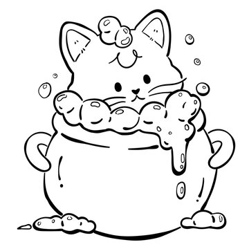 Cute Black Cat in Bubbling Cauldron Coloring Page Illustration
