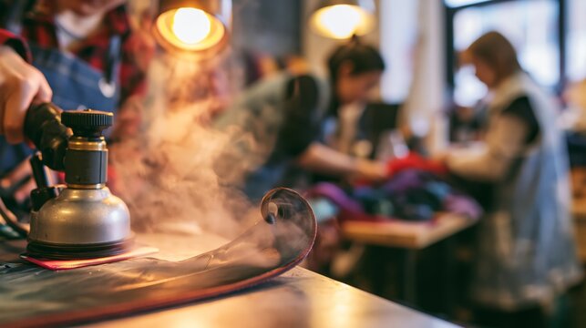 Feather curling steam press in sharp focus and blurred accessory makers behind. Concept of costume accessory manufacturing.