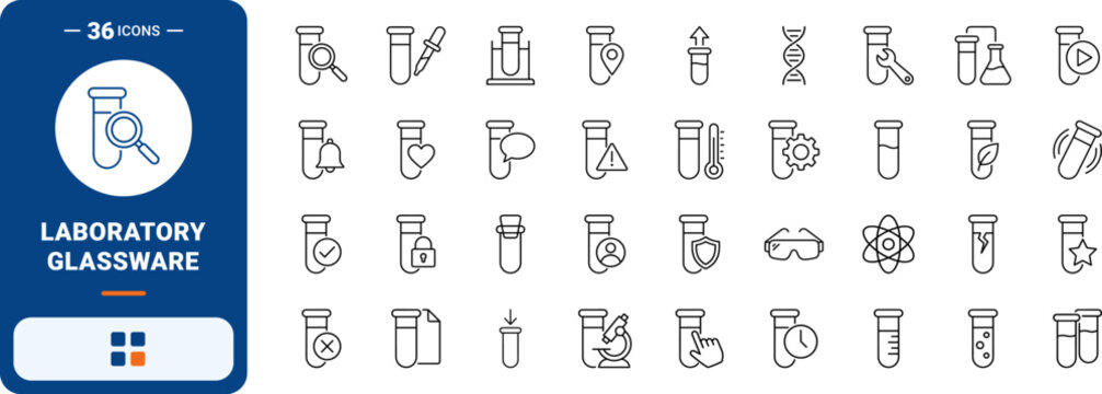 Test Tube Web Icon Set in Linear Style. Collection of Lab Glassware line icons, including check mark, security, research, science, broken glass, temperature, sample and more.