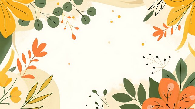 Vibrant autumn floral border featuring decorative hand drawn leaves and orange blossoms created in a modern minimalist artistic digital style