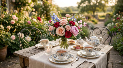 Fototapeta premium Elegant Garden Tea Party Set Up with Flowers and Pastries