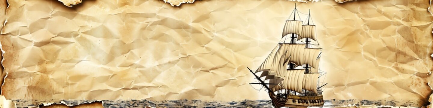 Majestic vintage galleon ship with white sails navigates through stormy ocean waves depicted in a detailed artistic parchment style illustration