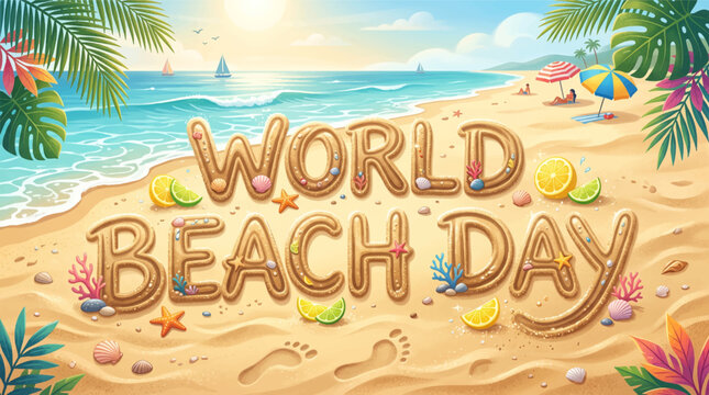 Celebratory scene with sand text world decorations with tropical foliage under bright sky celebration _ National Beach Day - Beach fun