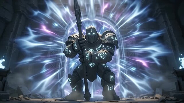 Ancient Stone Golem Guardian with Glowing Runes and Axe in Ruined Temple