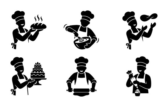 Baker Icon Set: Chef Preparing Bread, Mixing Dough, Decorating Cake, Rolling Pastry, Baking Cupcakes, Flipping Dough, Culinary Art, Food Service Graphics