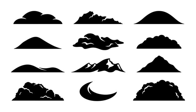 Diverse Silhouette Mountain and Hill Icons, Vector Landscape Elements, Nature Scene Graphics, Black and White Terrain Shapes for Design