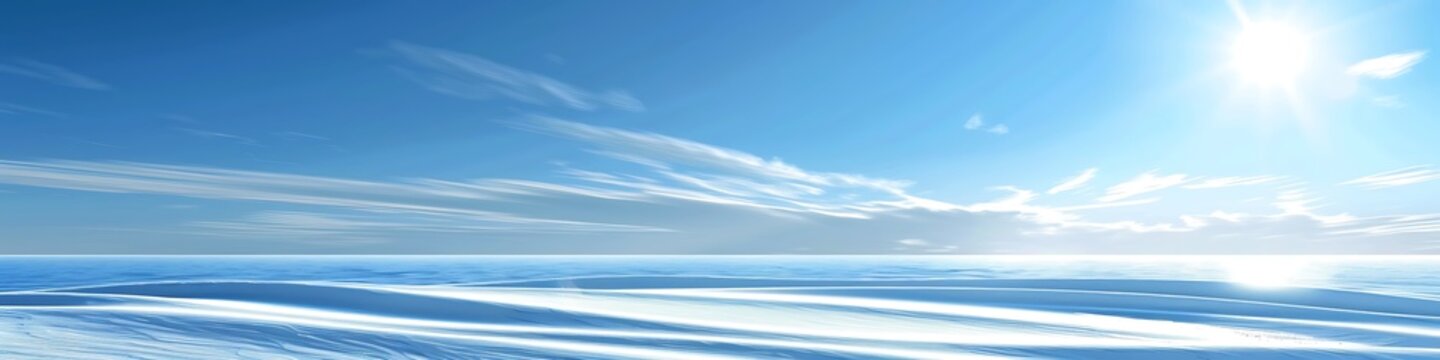 Bright polar landscape showing endless white snow plains under a clear vibrant blue sky with intense glowing summer sun rays